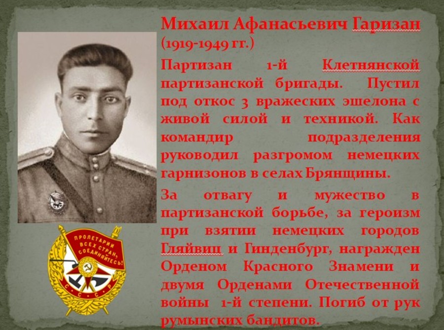 В Брянске установят памятную доску герою-партизану Михаилу Гаризану